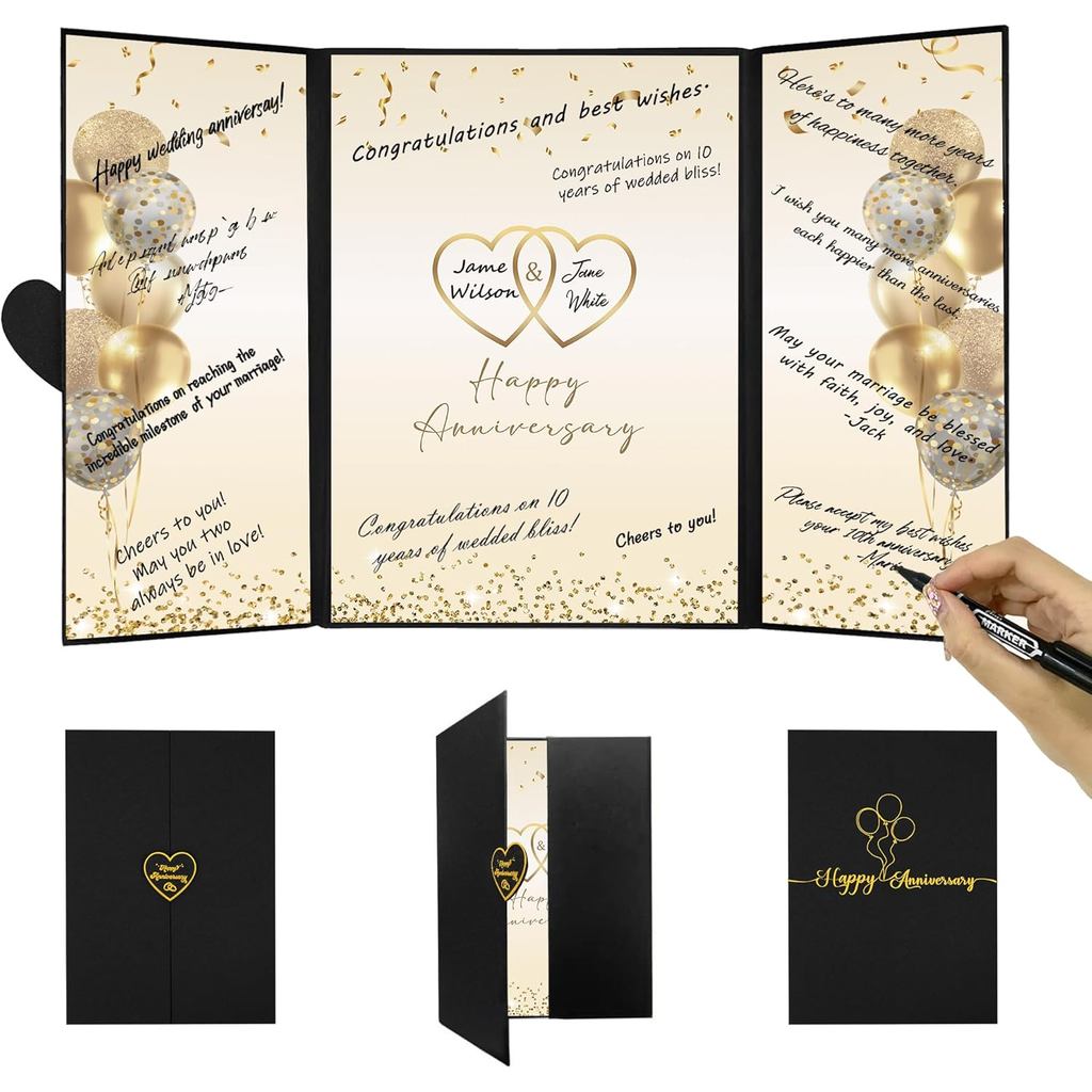 DARUNAXY สีดําทอง Happy Anniversary Party ตกแต่ง, Happy Anniversary Alternative Signature Guest Book