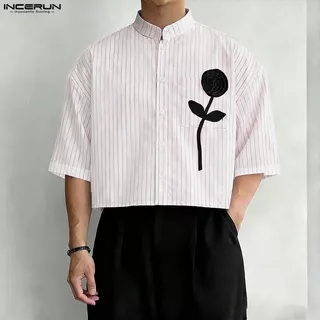 INCERUN เสื้อผู้ชายสไตล์เกาหลี คอตั้งแขนครึ่งลายทาง ออกแบบด้วยการเชื่อมต่อแบบ 3D ดอกไม้