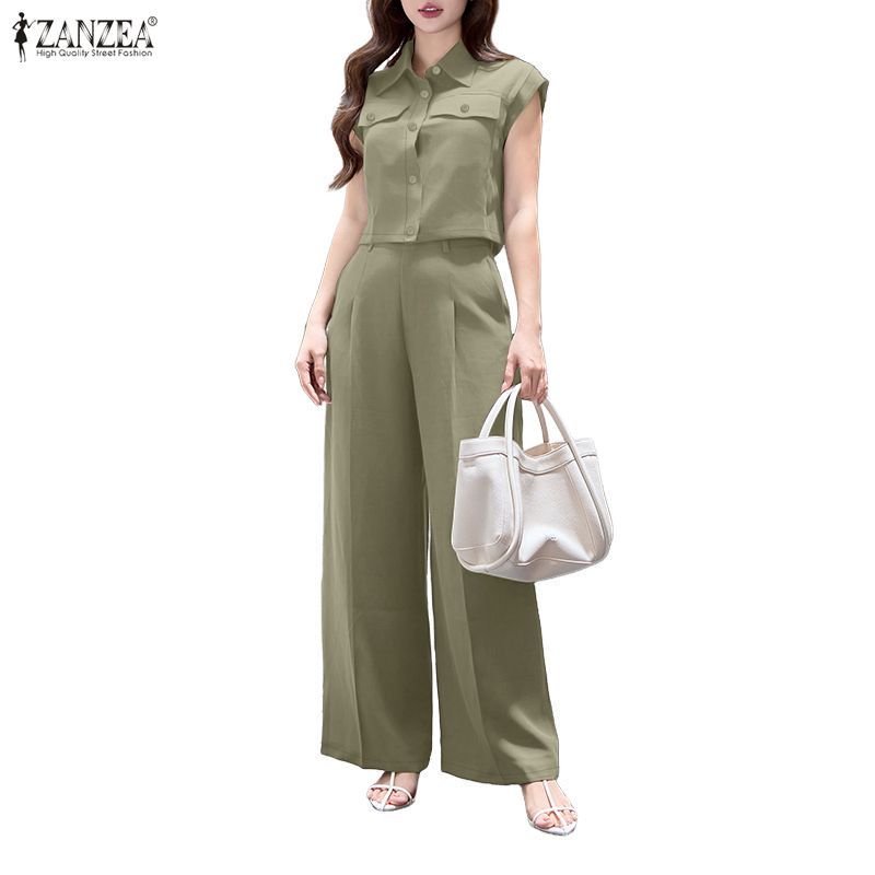 ZANZEA ชุดลำลองสำหรับผู้หญิงสไตล์เกาหลี แบบ.Simple Lapel Raglan กางเกงขากว้างและแขนปุ่มเอวสูง