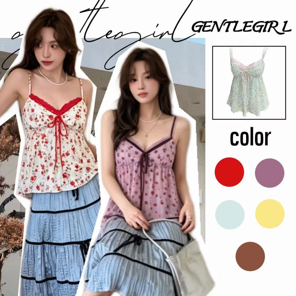 #GG🎀เสื้อสายเดี่ยวพิมพ์ลายดอกไม้สีสันสดใส ดีไซน์คล้ายชุดสองชิ้น คอวี มีโบว์ผูกที่หน้าอก เหมาะสำหรับใส่ไปเที่ยวพักผ่อน