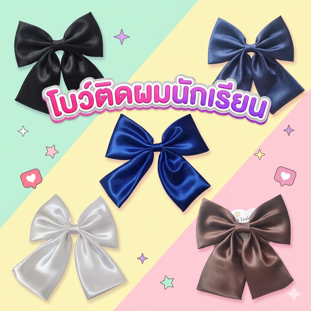 โบว์ติดผมนักเรียน กิ๊บติดผม ยางรัดผมซาตินสีน้ำเงิน