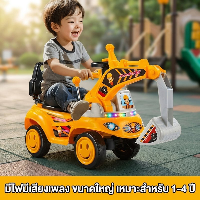 เด็กขี่บนรถขุดเพลงแสงปลอดภัยพลาสติกเด็กวัยหัดเดินของเล่นกลางแจ้งที่นั่งปรับล้อทนทาน