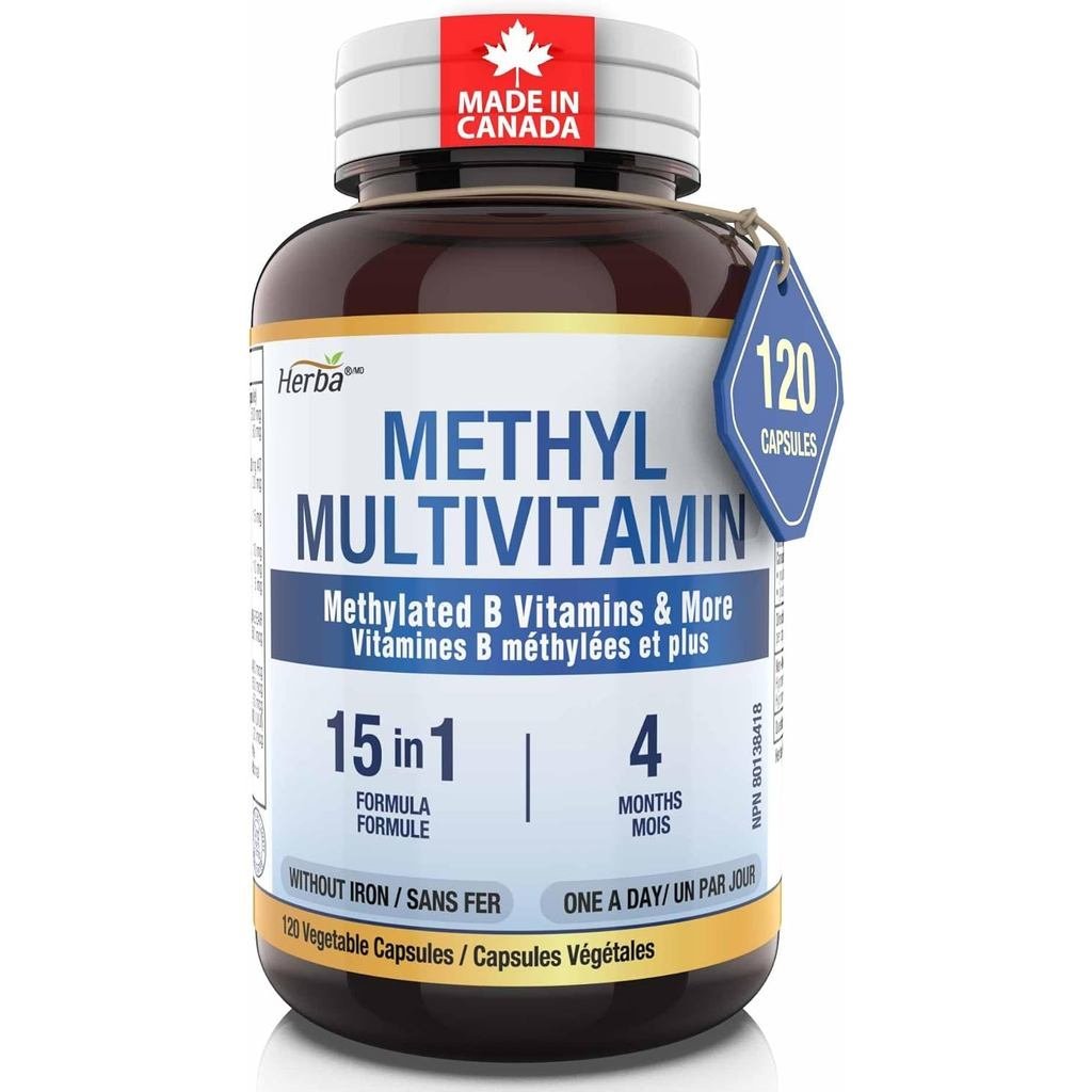 Herba Methylated Multivitamin with 500mg TMG & Methylated B Complex - 120 แคปซูล | สูตร 15 ใน 1 | B 