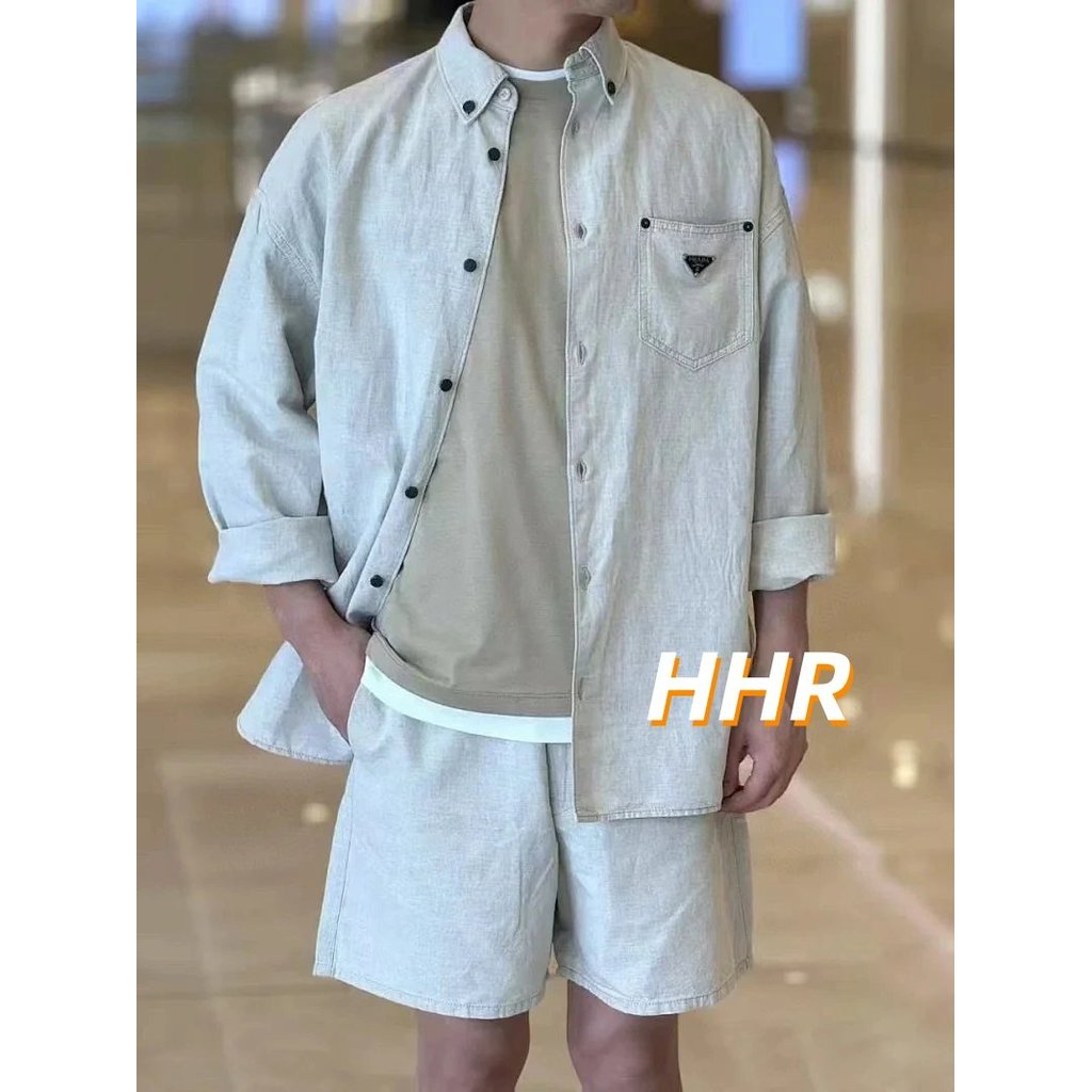 [เวอร์ชั่นที่ถูกต้อง] Pr @ da/Prada Pocket Steel Logo Brand Logo Logo High Gram Weight Tencel Linen 