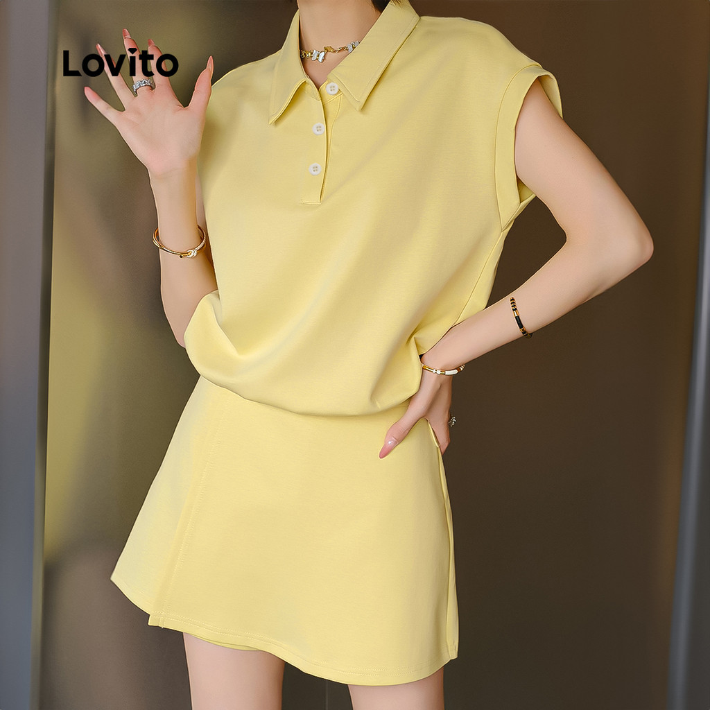 Lovito เสื้อลําลองหรือกางเกงลําลองสําหรับกิจกรรมกลางแจ้งแบบสบายๆ ปุ่มสําหรับฤดูใบไม้ผลิ/ฤดูร้อน เสื้อสีเหลืองสําหรับผู้หญิง L182ED107