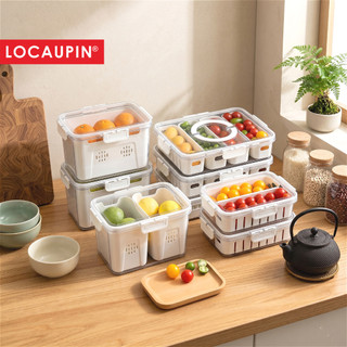 Locaupin Food Storage Containers Stackable Refrigerator Organizer Bins with Lids with Removable Compartment Basket