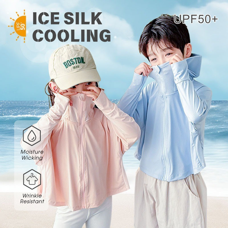 เด็กผ้าไหมน้ําแข็ง ขึ้น50+ เสื้อแจ็คเก็ตป้องกันแสงแดด | เสื้อกันแดดมีฮู้ดระบายอากาศระบายความร้อนสําหรับเด็กชายและเด็กหญิง
