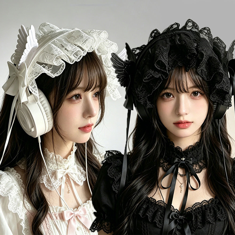 3D ลูกไม้ Bow Ruffles Solid Maid Bonnet หมวก Lolita แถบคาดศีรษะคอสเพลย์เครื่องแต่งกายปรับ Retro Village