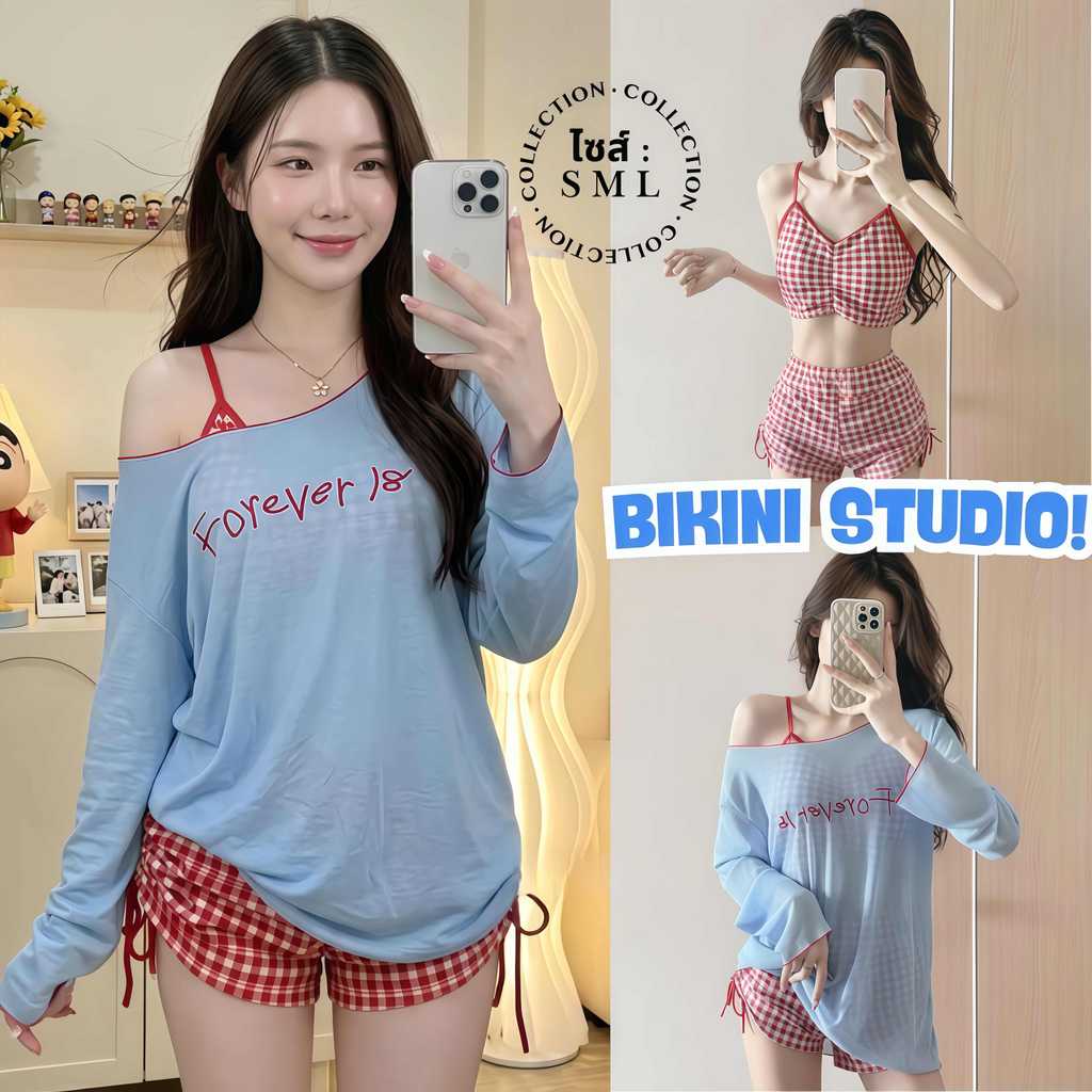 BIKINI STUDIO บิกินี่เซ็ท3ชิ้น ชุดว่ายน้ำเกาะอก ชุดว่ายน้ำกางเกงขาสั้น แขนยาว 🐹 มีไซส์ S-L | น้ำหนัก 39-58 กก. Y680