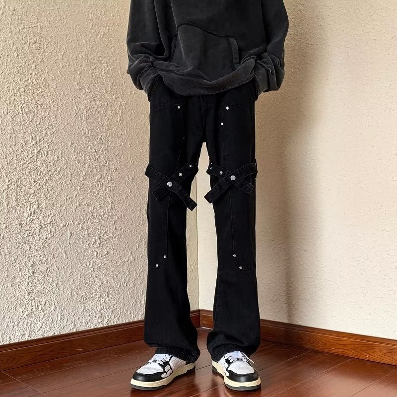 American High Street Design Stitching Rivets กางเกงยีนส์สีดํา Street Wear hiphop Hip Hop Street Nich