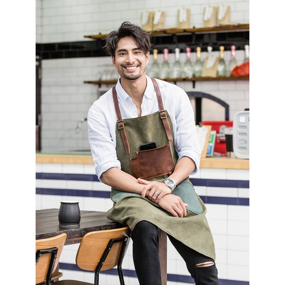 อุปกรณ์งานฝีมือ Retro Distressed Washed Canvas with Cowhide Studio Barber Cafe Work Apron อินเทรนด์