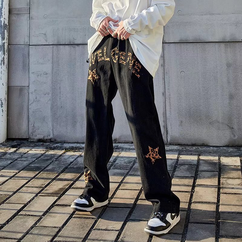 American High Street Street Wear Side Leopard Print Star Patch กางเกงยีนส์ผู้ชายผู้หญิง Niche Street