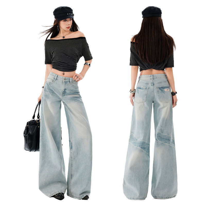 Blues Kenting Light Blue Washed Cat Whisker Design Wide-Leg Gardener Jeans All-Match