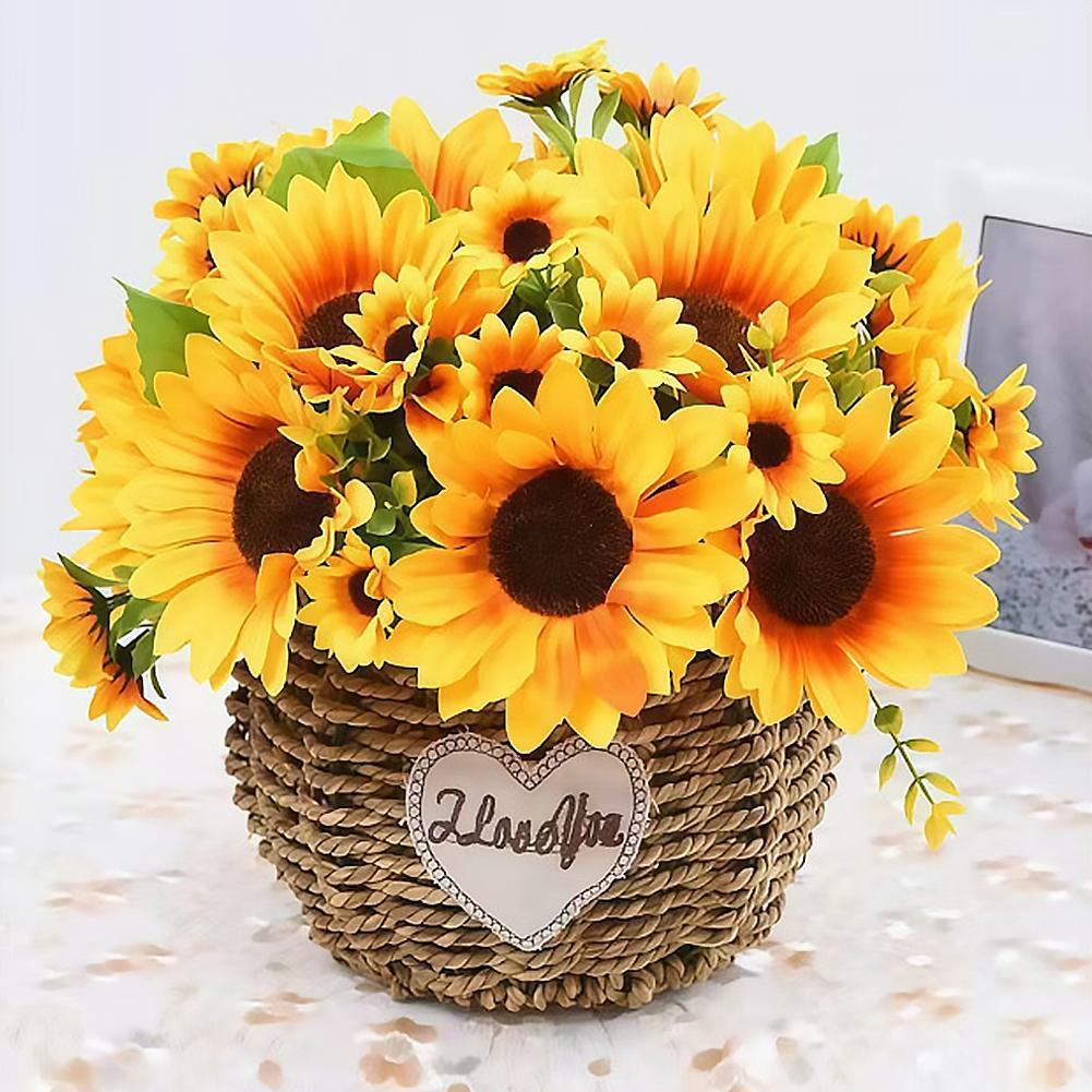 จําลองดอกทานตะวันช่อดอกไม้ปลอมสําหรับงานแต่งงานตกแต่งบ้านขนาดเล็ก Bunch ประดิษฐ์ J0s3