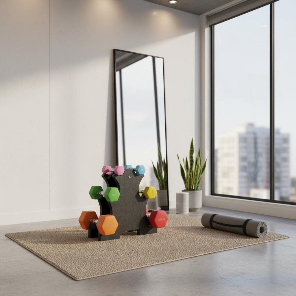ความจุขนาดใหญ่ Hex Dumbbell Storage Stand Heavy Duty Triangle-Frame Weight Stand Anti-Slip Rubber Fe