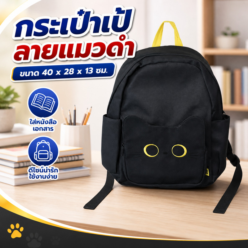 กระเป๋าเป้สะพายหลัง ลายแมวดำ ขนาด 40 x 28 x 13 ซม._