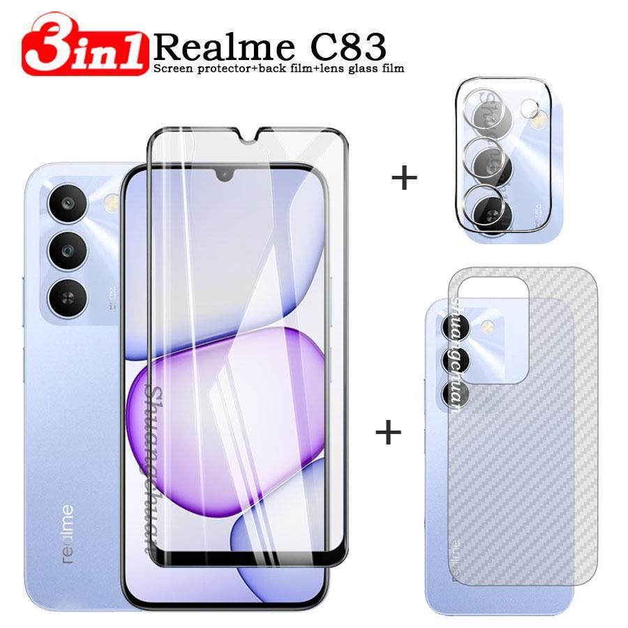 3IN1 สําหรับRealme C83 หน้าจอกระจกนิรภัยป้องกันฟิล์ม+ฟิล์มเลนส์+ฟิล์มด้านหลังRealme C85 Realme Note 