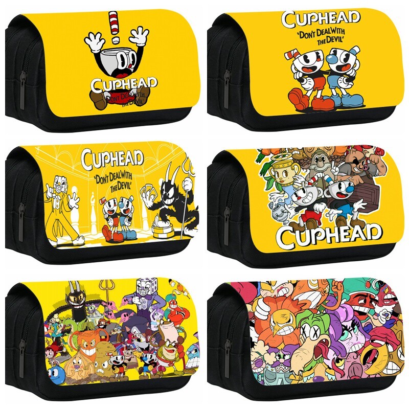 Cuphead Cuphead ถ้วยชาหัว สินค้านักเรียนกล่องดินสอการ์ตูนพิมพ์ความจุขนาดใหญ่ Double-Layer Zipper