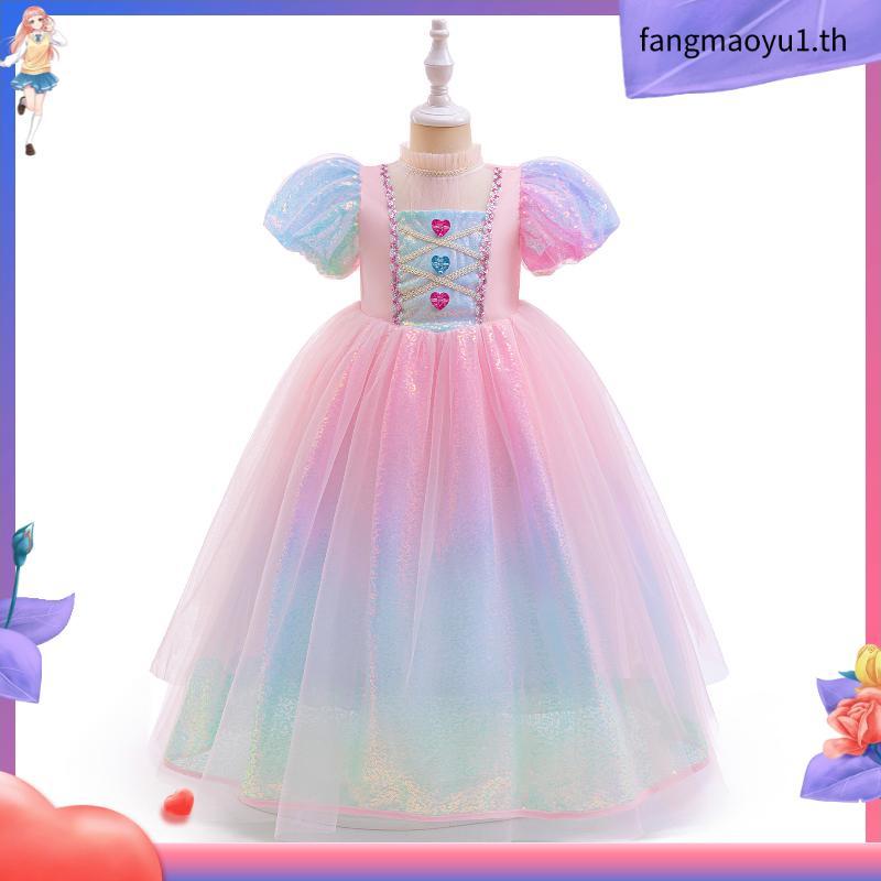 Mqatz สีชมพูสาวคอสเพลย์ชุดแขนสั้นเด็กเครื่องแต่งกายลูกไม้วันเกิดชุดเจ้าหญิงพรรค ASMR092