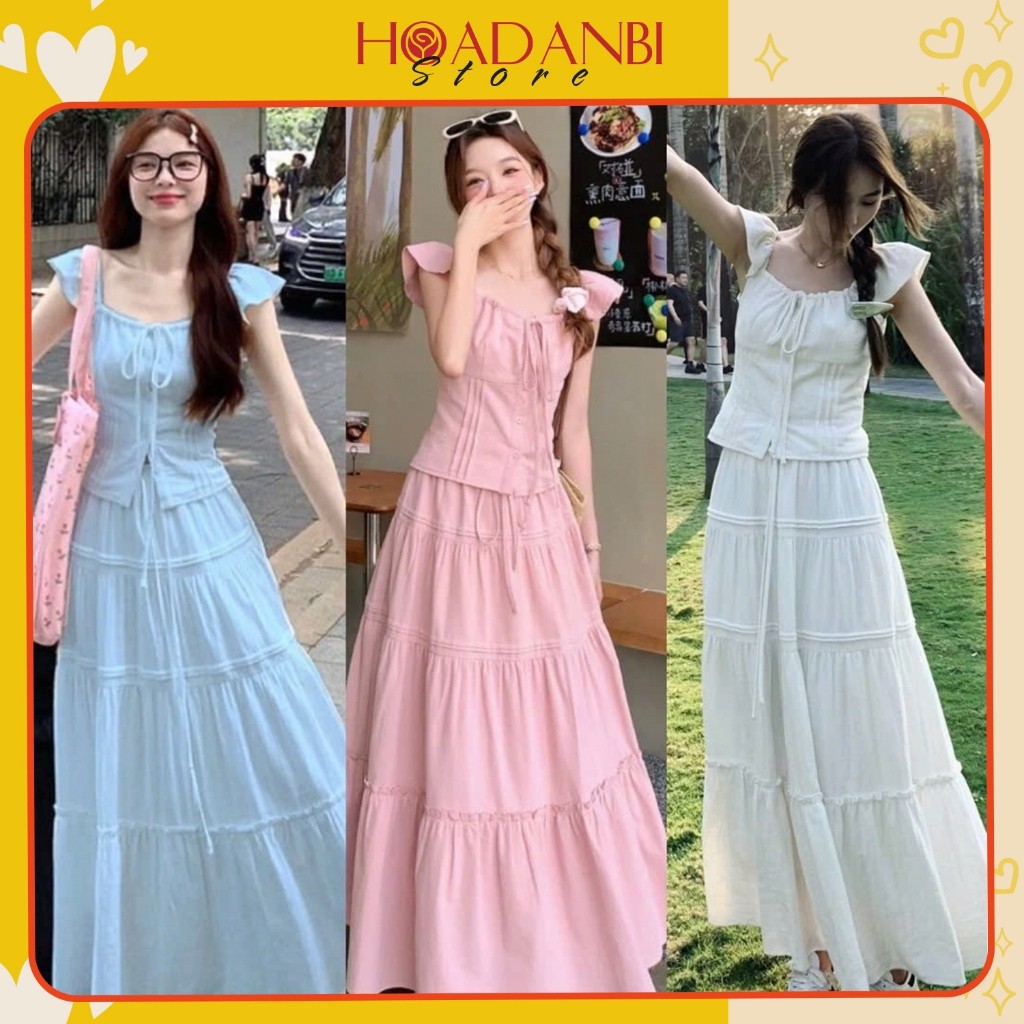 ชุดเสื้อยืดนางฟ้าปีกผสมกระโปรงยาวบานเป็นชั้นแฟชั่นผู้หญิงกระโปรงสองชิ้น3สี ร้านฮาดานบีสโตร์