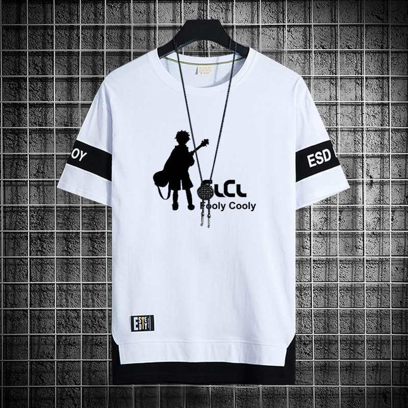 สตรีทแฟชั่น FLCL Fooly Cooly อะนิเมะเสื้อยืดสีขาวขนาดใหญ่ Anime Graphic Tee Streetwear