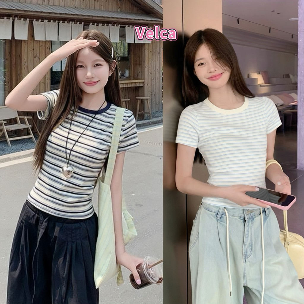 Velca ส่งไวจากไทย เสื้อยืดลายริ้วผู้หญิง ทรงเข้ารูปเบาๆ ใส่สบายทุกวัน แมทช์ง่ายมาก