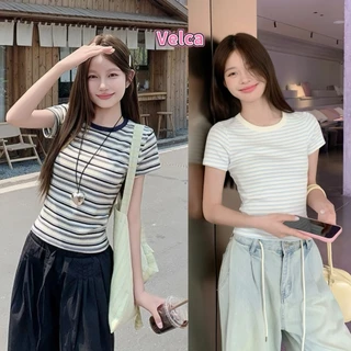Velca ส่งไวจากไทย เสื้อยืดลายริ้วผู้หญิง ทรงเข้ารูปเบาๆ ใส่สบายทุกวัน แมทช์ง่ายมาก