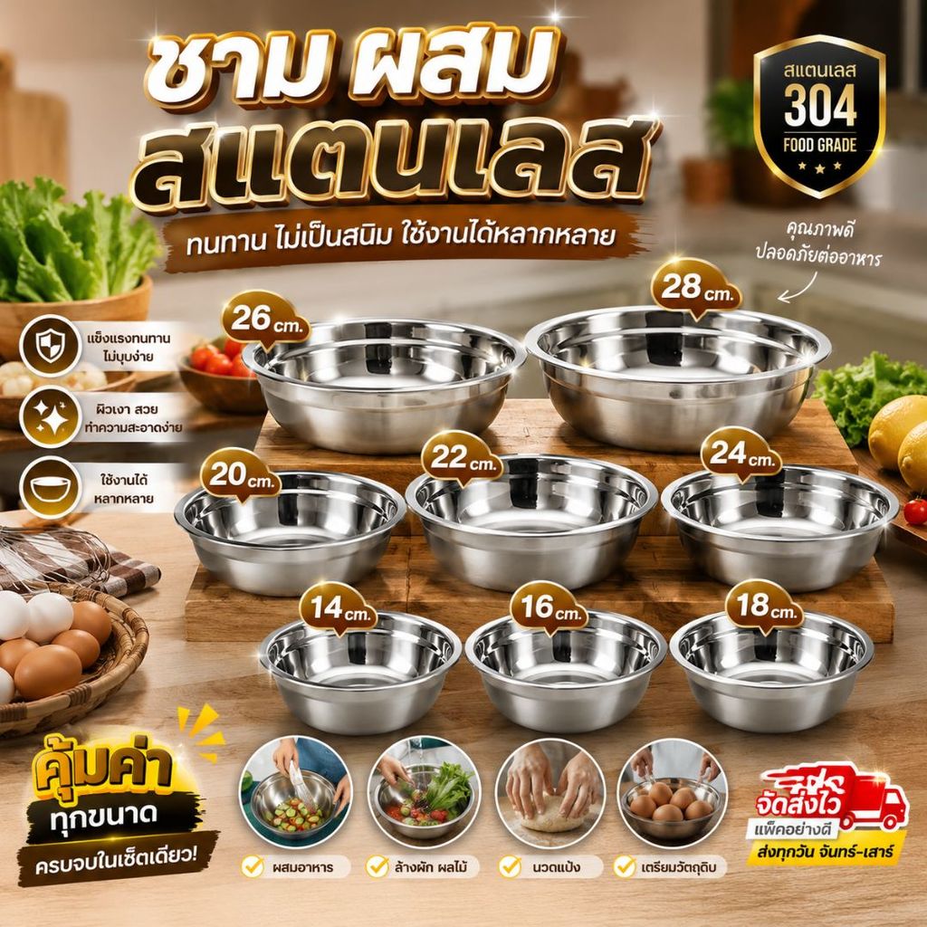 ชามผสมสแตนเลส 304 Food Grade ไม่เป็นสนิม ใช้ผสมอาหาร ล้างผัก ตีไข่ มีหลายขนาด 14-28 ซม.