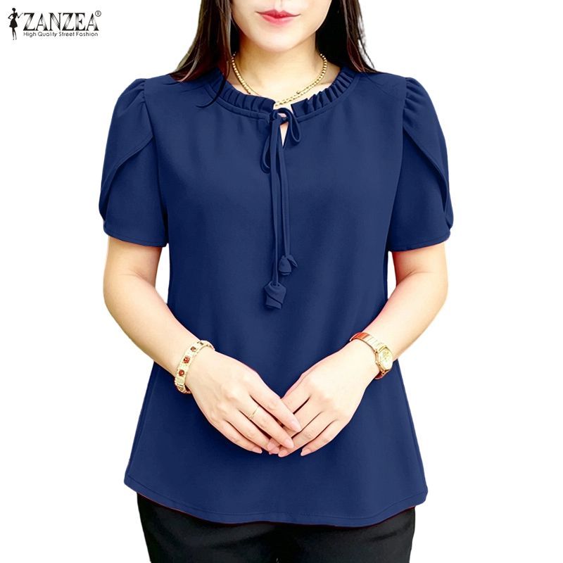 ZANZEA เสื้อเบลาส์สีทึบสำหรับผู้หญิง สไตล์เกาหลีหรูหรา