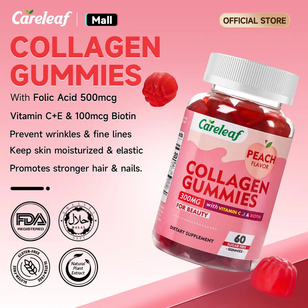 Careleaf Collagen Gummies, Vitamin C&E, Biotin, FDA, Halal, Gluten-Free, Non-GMO, Peach Flavor, 60 G