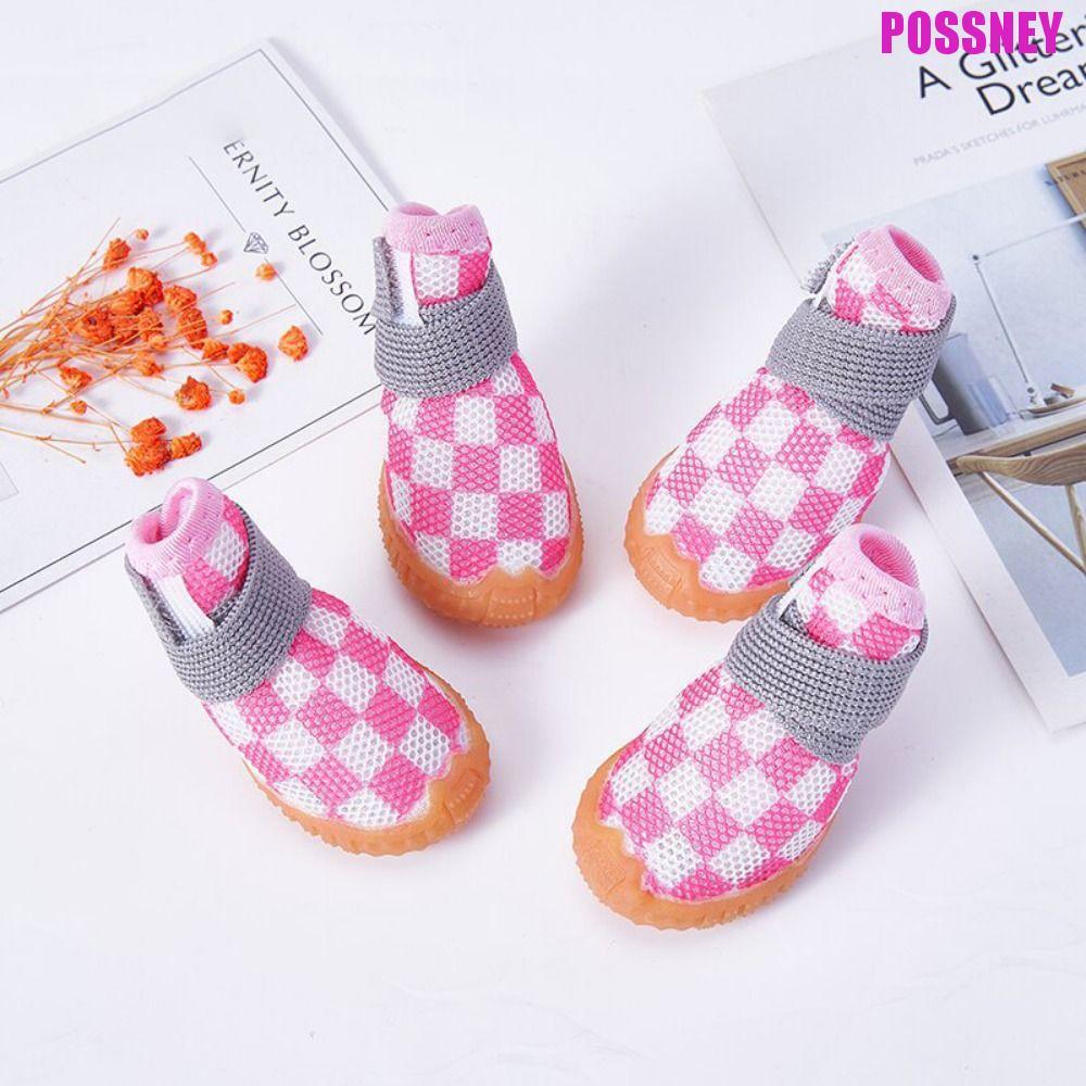 POSSNEY 4 ชิ้น/เซ็ต Breathable สัตว์เลี้ยงสุนัขรองเท้า, Anti-skid Wear-resistant Puppy Mesh Shoes, Cat Shoes Soft Sandwich Mesh Breathable Hollow Dog Boots Summer