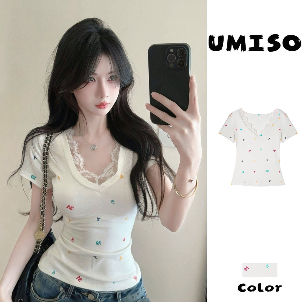 UMISO ส่งไวจากไทย เสื้อแขนสั้น คอวี ลายตัวเลข สีสด น่ารักสไตล์เกาหลี ใส่แล้วละมุน