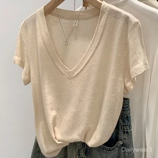 Dailywear พร้อมส่ง ✨ เสื้อยืดคอวีโอเวอร์ไซด์ style เสื้อยืดแขนสั้น สำหรับผู้หญิง ทำจากผ้าฝ้ายลินินและผ้าไหมน้ำแข็ง ทรงหล