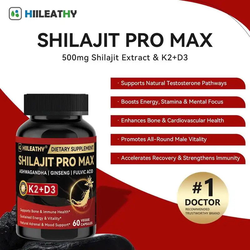 HIILEATHY Shilajit PRO MAX – 60 แคปซูลสําหรับผู้ชายและผู้หญิง | สารสกัดชิลาจิตต์กําลังสูง 500 มก. พร