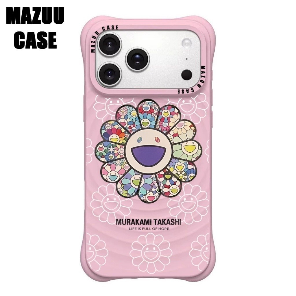 เคสไอโฟนแม่เหล็ก ลอนคลื่น มุมหนากันกระแทก ซิลิโคนชมพู ลายทานตะวันจุดสี iPhone 17 16 15 14 13 Pro Max Plus