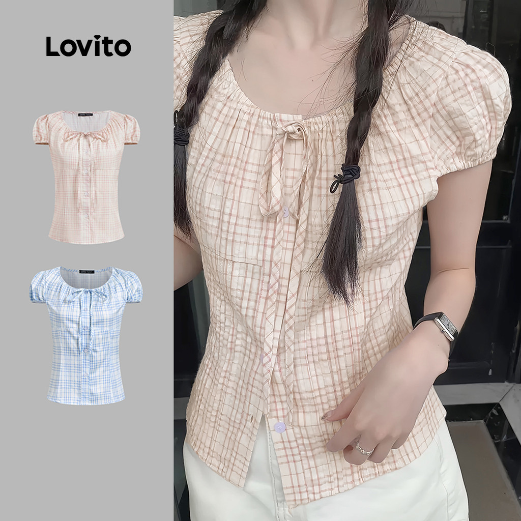 (KOL‘s pick) Lovito เสื้อเบลาส์จีบลูกไม้ลายทางลำลองสำหรับผู้หญิง L130AD146