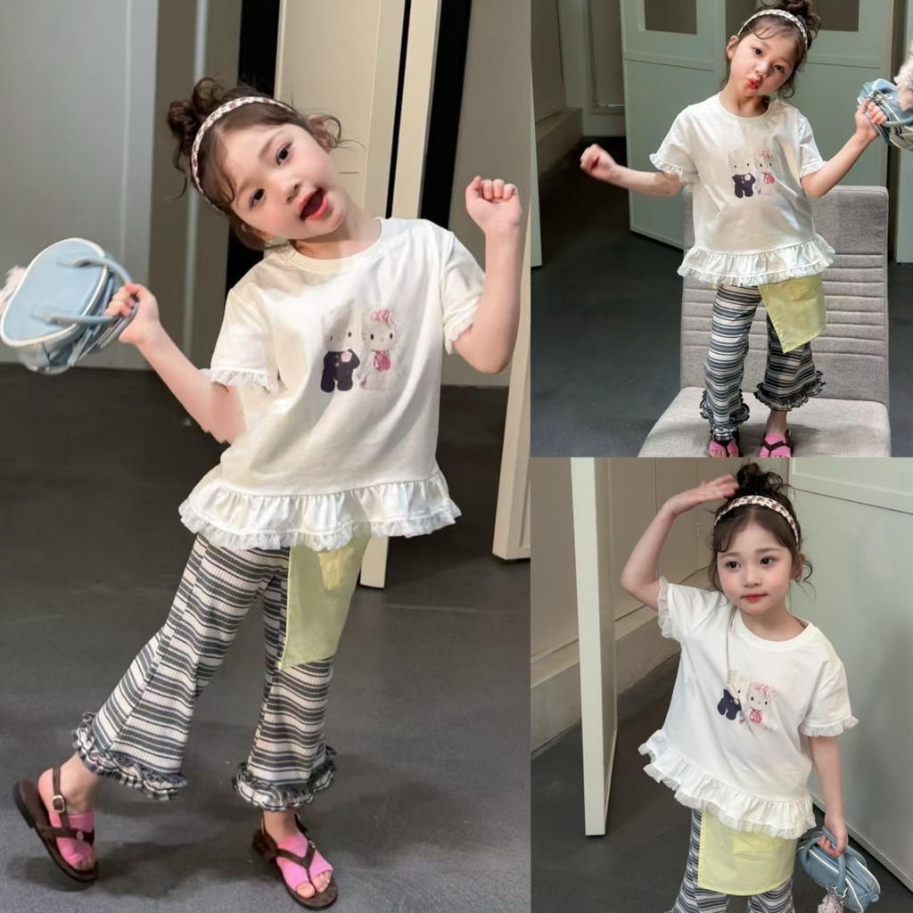 PRETTY BABY เสื้อยืดเด็ก เสื้อคอกลม ลายการ์ตูน แต่งระบาย กางเกงขาม้า ผ้าร่อง แต่งระบาย ลายขวาง(2159)