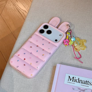 สําหรับ iPhone 17Pro Max 16 Pro Max 15 14 15Pro Max แฟชั่นเกาหลีสีม่วงสีชมพูลายดอกไม้ปกน่ารัก 3D กระต่ายหูลงเสื้อซิลิโคนกันกระแทกกรณี