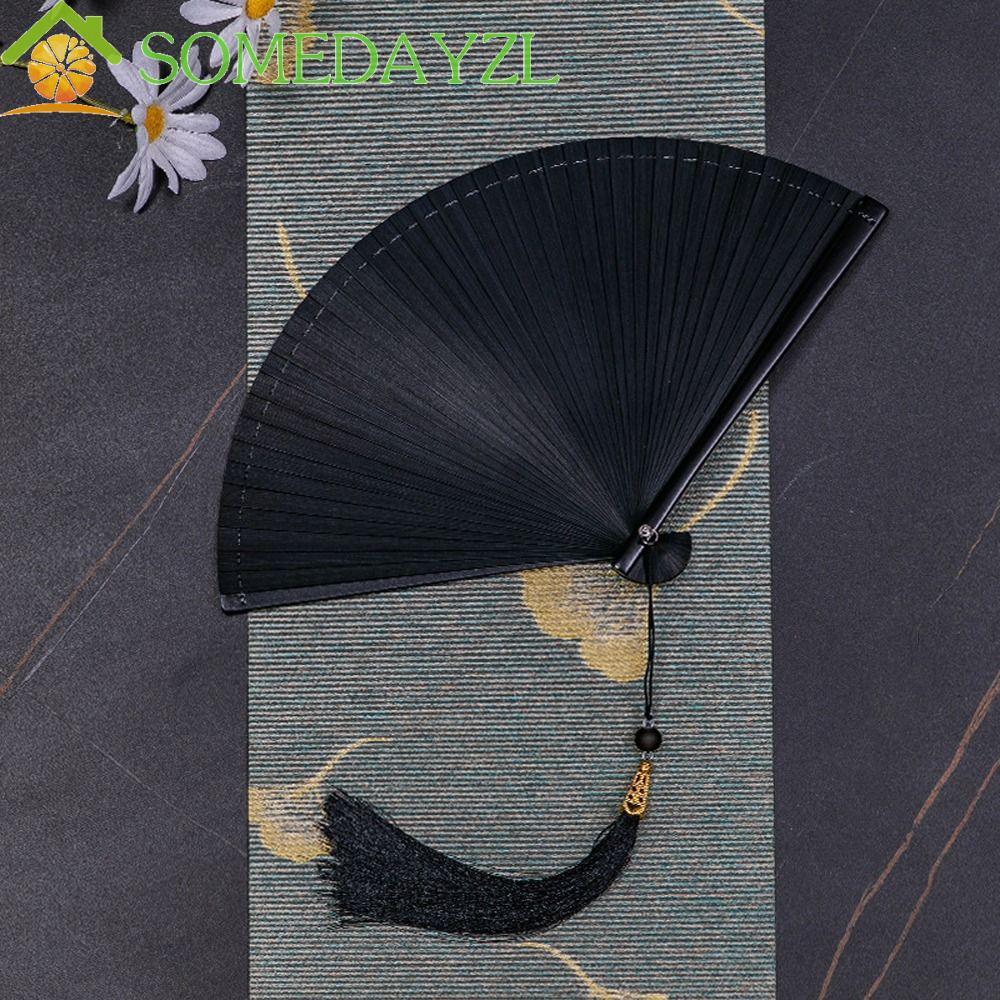 SOMEDAYZL ญี่ปุ่นคลาสสิกพับพัดลม,สีดําสไตล์โบราณผู้หญิงพับพัดลม,การถ่ายภาพ Props แบบพกพา Handmade ประณีตพัดลมไม้ไผ่ Lady Dance Props
