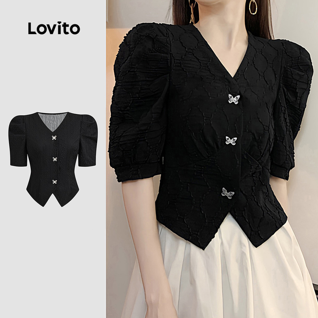 Lovito เสื้อเบลาส์ลำลอง กระดุมผีเสื้อ สีพื้น สำหรับผู้หญิง ฤดูร้อน/ฤดูใบไม้ผลิ L132ED385