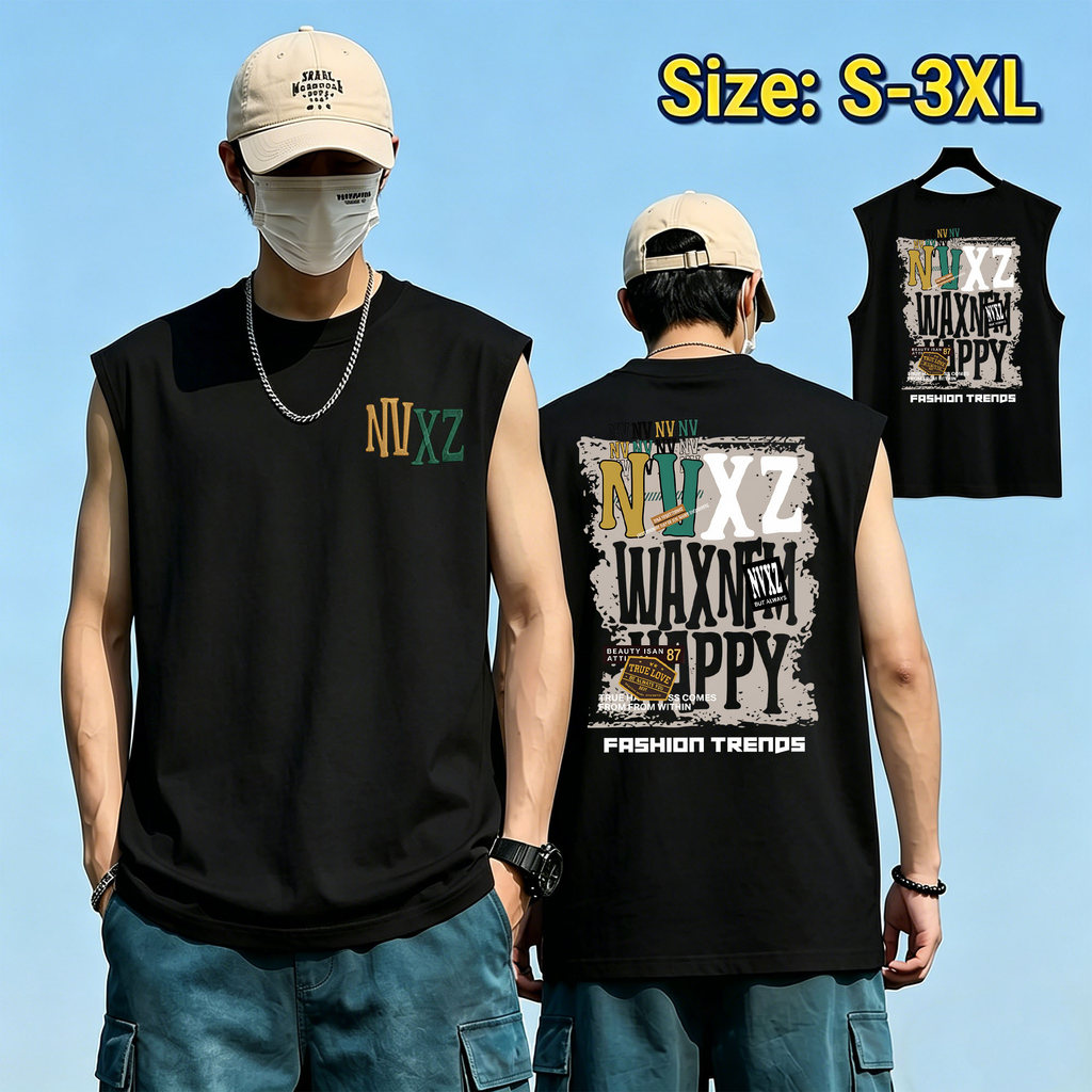 Sea.Tee เสื้อแขนกุด oversize ผ้าCotton100% เสื้อวินเทจ sleeveless vest ใส่สบาย 'NVXZ HAPPY' 3XL