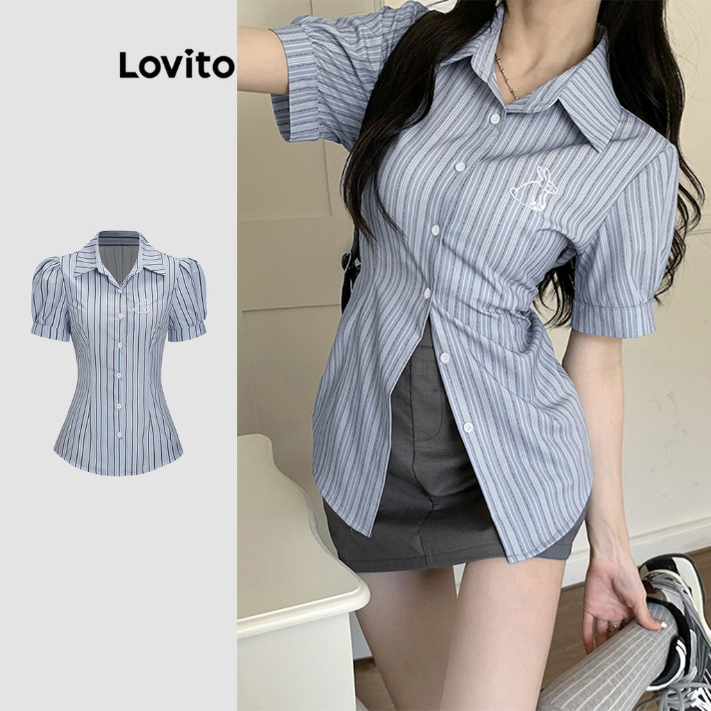 Lovito เตรียมใจ เสื้อลายเย็บปักถักร้อยปุ่มด้านหน้าพัฟแขนเสื้อสําหรับผู้หญิง L58AD035 (สีฟ้า)
