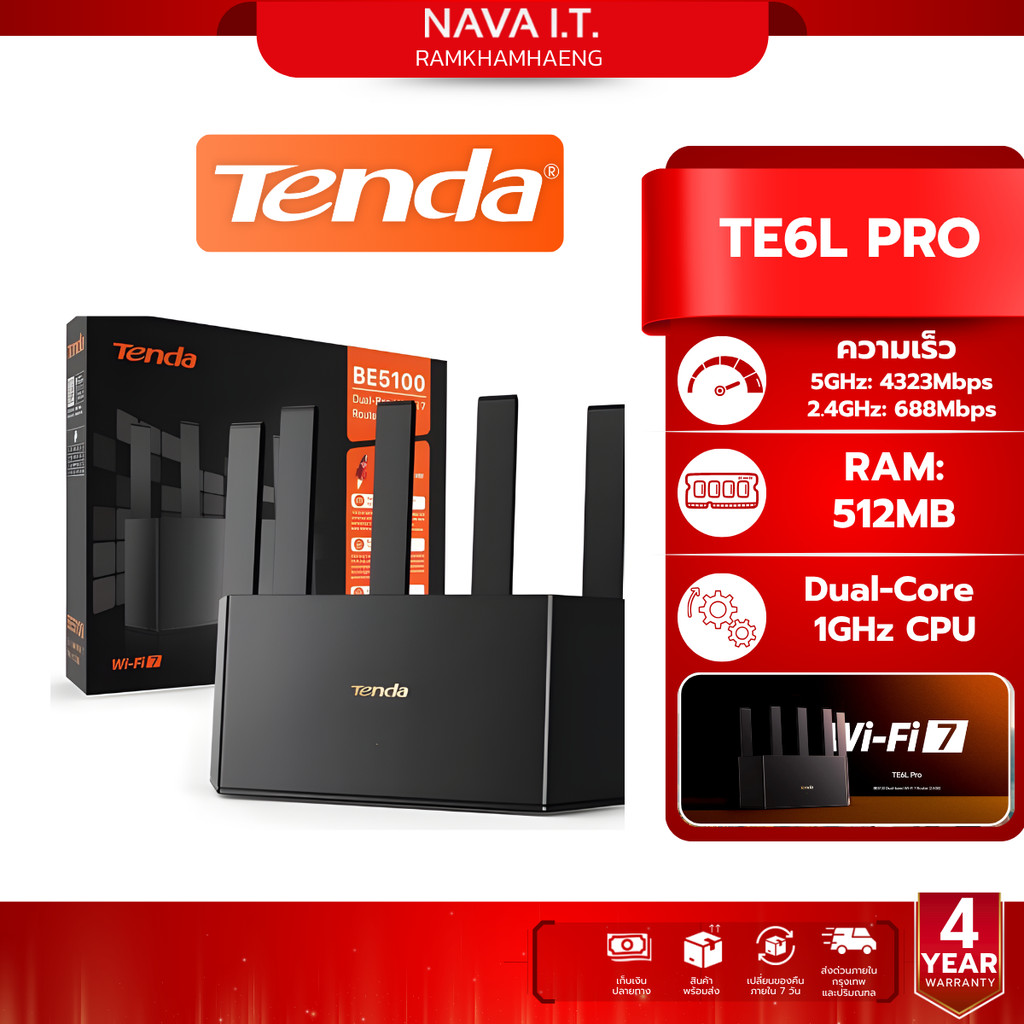 Tenda TE6L Pro Wi-Fi 7 BE5100 Dual-Band Router 2.5GE Port (TE6L Pro) รับประกัน 4 ปี