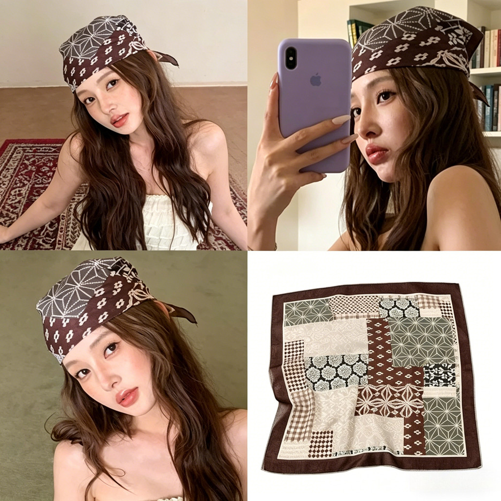 55*55 ซม.อเมริกัน Vintage พิมพ์ Headscarf ผู้หญิง 2026 ฤดูร้อนบางผ้าพันคอสแควร์ Hip-hop เทศกาลเพลง Headscarf สาวเผ็ด