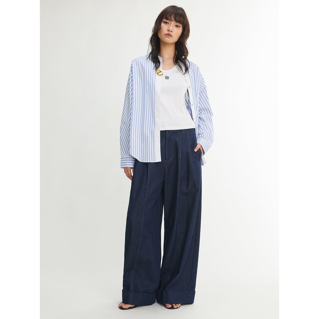 [Pomelo] เสื้อเชิ้ตลายทางไม่สมมาตรพร้อมกระดุม / Asymmetric Stripe Button Detail Shirt — صورة 4