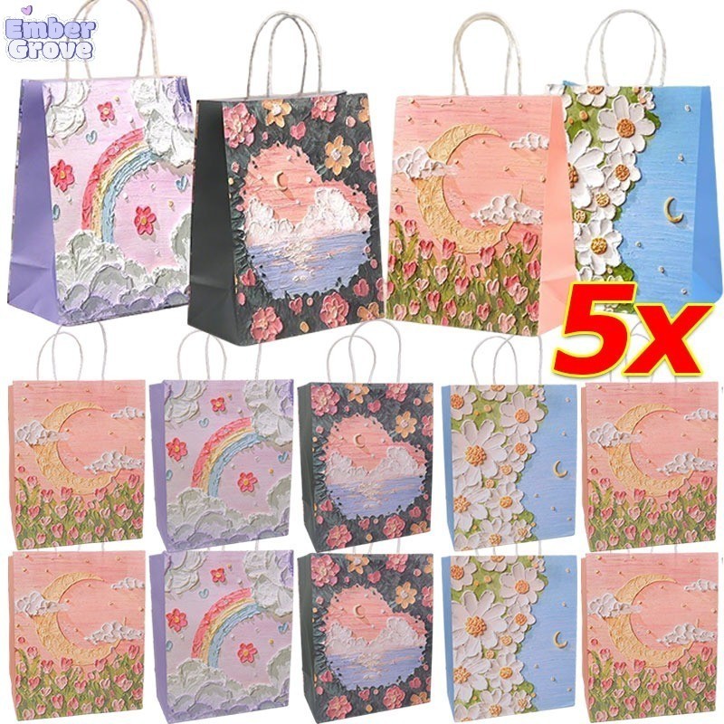 ถุงของขวัญกระดาษคราฟท์ลายดอกไม้สีน้ำมันพร้อมหูหิ้ว / ถุงของชำร่วยงานปาร์ตี้แบบใช้ซ้ำได้ สำหรับงานวันเกิด งานแต่งงาน 1/3/5ชิ้น