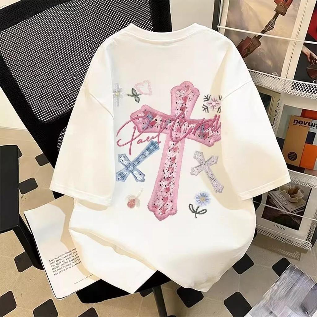 Top.basic🔥เสื้อยืด oversize cotton เสื้อแฟชั่น คอกลม แขนสั้น พิมพ์ลาย 'Cross CIXIU' สไตล์ลำลอง ใส่สบาย S-3XL