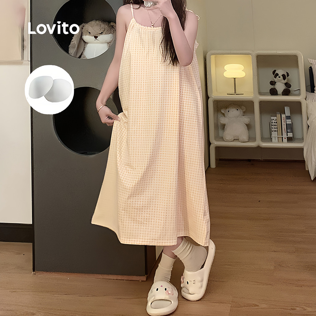 Lovito ชุดนอนลายตารางสไตล์เจ้าหญิงน่ารักหวานแหวว สวมใส่สบายทั้งในบ้านและนอกบ้านสำหรับผู้หญิงในฤดูร้อน LNE141131