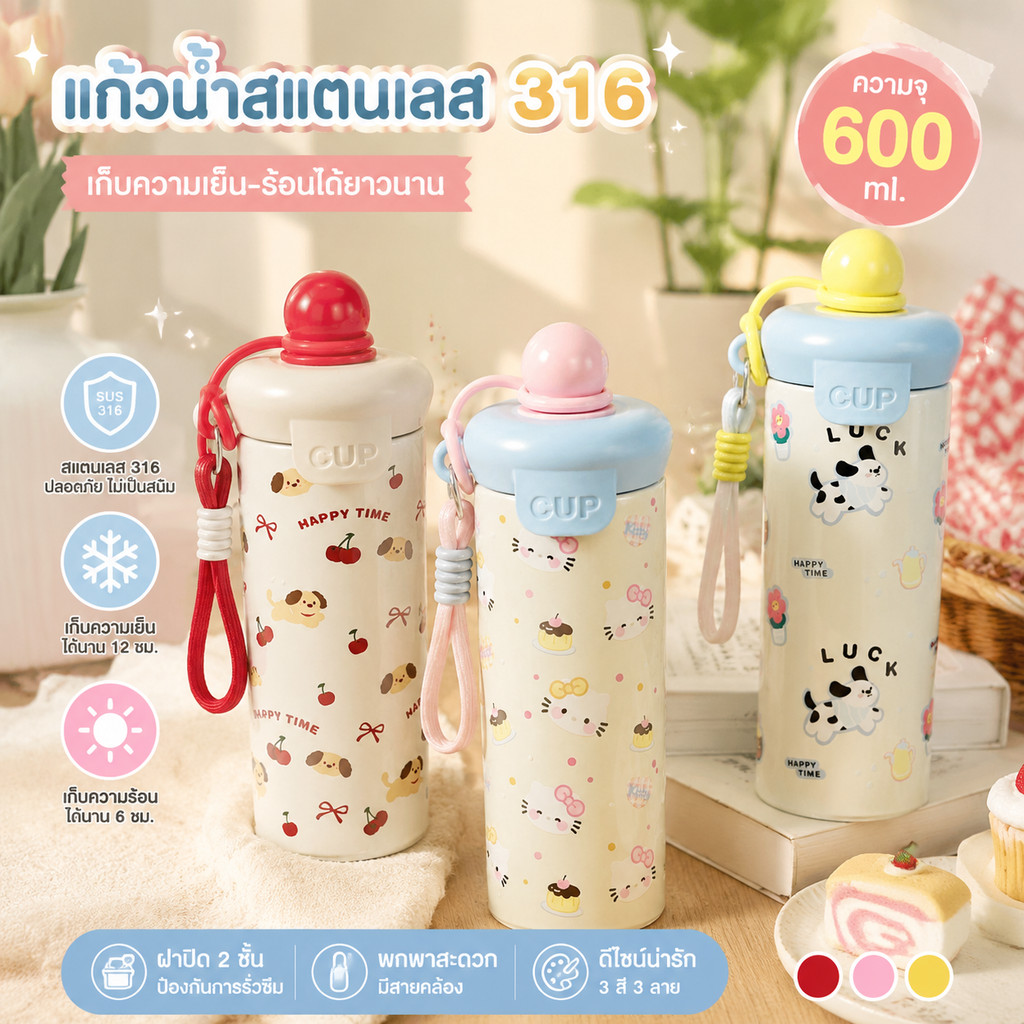 600ml กระบอกน้ำเก็บอุณหภูมิสแตนเลส316 ความจุขนาดใหญ่ มีหลอดดูด พกพาสะดวก นักเรียน ดื่มกาแฟ