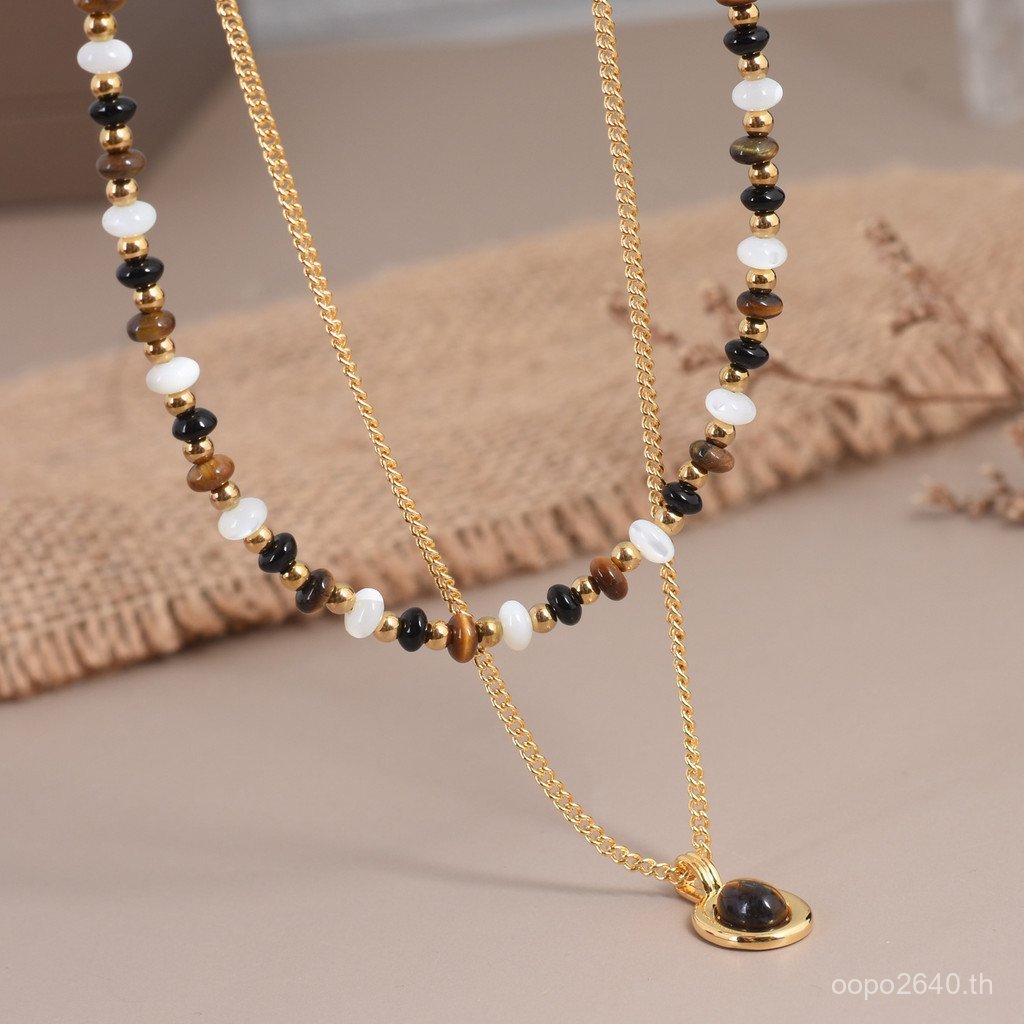 โซ่สร้อยคอซ้อน Tiger Eye Stone Clavicle ธรรมชาติร้อยแฟชั่นบุคลิกภาพ Retro เสื้อกันหนาว High-End Nich